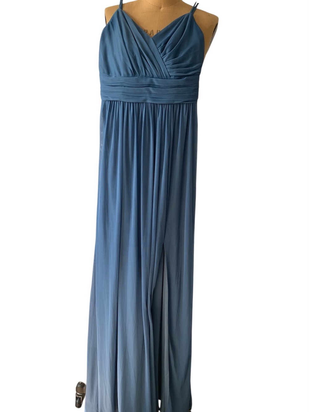 David's Bridal Dusty Blue Pleated Maxi Dress with Spaghetti Straps
